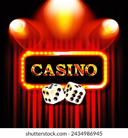 Casino word on banner with red curtains Vector illustration