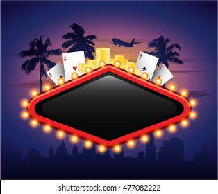 Casinon vintage banner sign with cards chips and palm tree