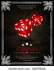 Casino.Vector two red dices. Ornamental frame. Vector illustration. Vip.