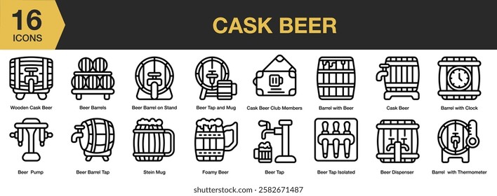 Cask Beer icon set. Includes barrels, mug, foamy, stein, thermometer, and More. Outline icons vector collection.