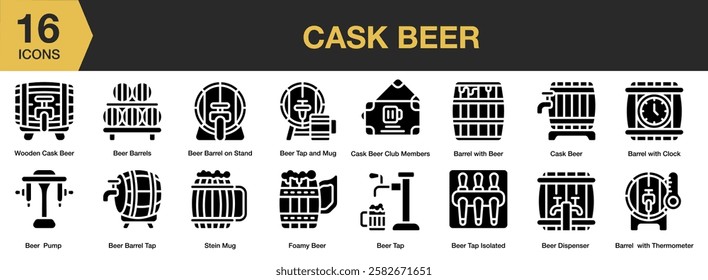 Cask Beer solid icon set. Includes barrels, mug, foamy, stein, thermometer, and More. Solid icons vector collection.