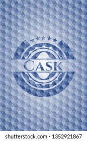 Cask blue badge with geometric pattern background.