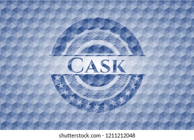 Cask blue emblem or badge with abstract geometric pattern background.