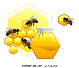 Cask of honey with honeycombs and bees. Vector illustration