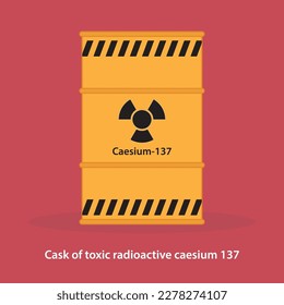 Cask of toxic radioactive structure caesium 137 symbol on red background. Dangerous chemicals pollution. Danger symbol vector illustration.