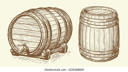 Cask or wooden barrel for storing alcohol. Hand drawn sketch vector illustration in vintage engraving style