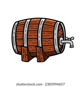 Cáscara o barril de madera con grifo. Contenedor de almacenamiento de bebidas y cosechas. Cerveza de barril clásico dibujado a mano, vino viejo o whisky keg.