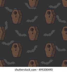 Casket black pattern. Coffin background. Halloween RIP concept design art. Hearse texture for child, print, t-shirt, textile, clothes, banner, website, app, greeting card. Vector illustration.