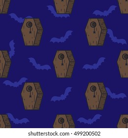 Casket blue pattern. Coffin background. Halloween RIP concept design art. Hearse texture for child, print, t-shirt, textile, clothes, banner, website, app, greeting card. Vector illustration.