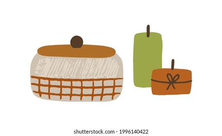 Casket and candles composition. Cozy hygge items for home interior decoration in Scandinavian style. Flat vector illustration of trendy modern objects for indoor decor isolated on white background