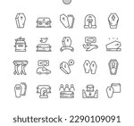 Casket. Funeral mortuary service ritual hearse van. Graveyard. Dead. Date funeral. Pixel Perfect Vector Thin Line Icons. Simple Minimal Pictogram