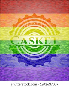 Casket on mosaic background with the colors of the LGBT flag