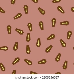 casket seamless pattern brown coffin with yellow cross halloween pattern repeat pattern in brown background