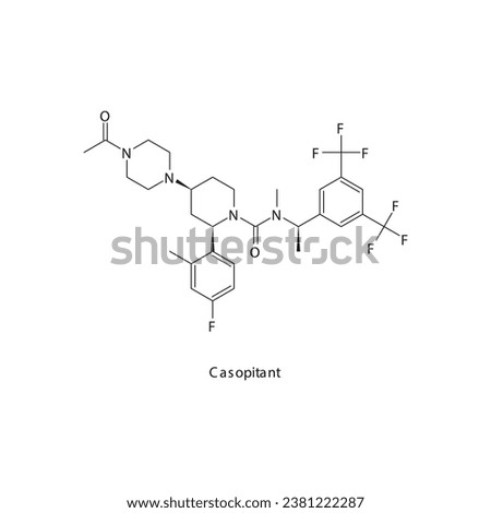 Casopitant flat skeletal molecular structure Neurokinin receptor antagonist NKI1 drug used in Chemotherapy induced vomiting and nausea treatment. Vector illustration scientific diagram.