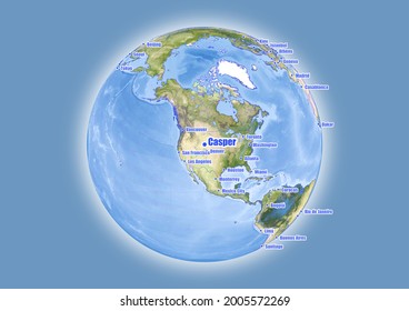 Casper-United States of America is shown on vector globe map. The map shows Casper-United States of America 's location in the world.