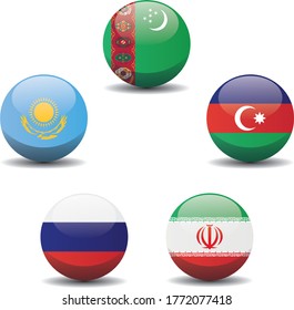 Caspian Sea region, countries national circle button flags background texture. Caspian coastline 3d vector illustration symbol.