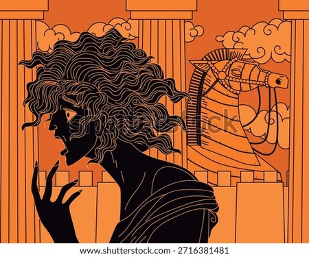 cassandra in despair foretelling doom as the Trojan Horse moves