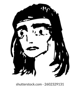 Cassandra. Head of a terrified brunette woman with wide open eyes. Portrait of a tribal youth. Fanatic person. Hand drawn linear doodle rough sketch. Black and white silhouette.