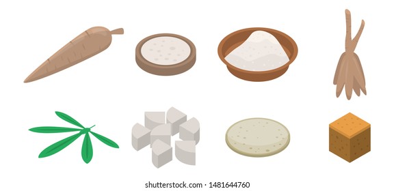 Cassava icons set. Isometric set of cassava vector icons for web design isolated on white background