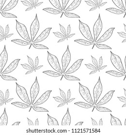 Cassava. Leaves. Background, wallpaper, texture, seamless. Sketch monophonic. On a white background.
