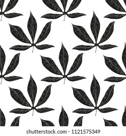 Cassava. Leaves. Background, wallpaper, texture, seamless. Black silhouette on white background.