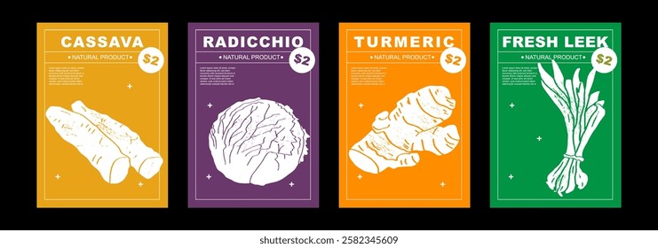 Cassava, radicchio, turmeric, fresh leek. Set of posters of vegetables in a abstract draw design. Label or poster, price tag. Patterns and backgrounds. Perfect for poster, cover, banner.