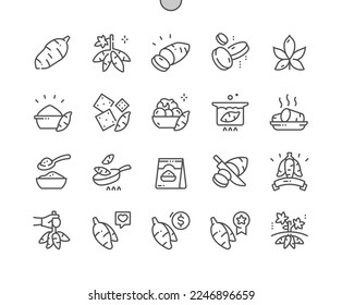 Cassava-Wurzel. Kochen, Rezepte und Preis. Natur pflanzliche ökologische Ernährung. Cassava knistert. Pixel Perfect Vector Thin Line Icons. Einfaches Minimal-Piktogramm