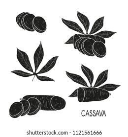 Cassava. Tuber, leaf. Black silhouette on white background. Set.