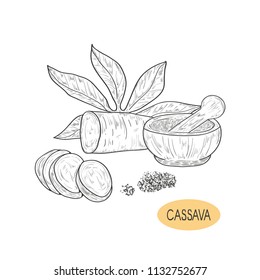 Cassava. Tuber,  leaves.  Mortar. Sketch. On a white background.