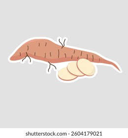 Cassava Vector Illustration Sticker – Root and Sliced Pieces. Simple vector sticker of cassava (yuca) with a whole root and sliced pieces. Perfect for food labels, education, and digital design