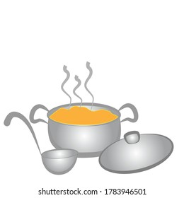 Casserole with boiling soup and ladle isolated on white background.