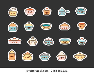 Platos de cazuela, platos de hierro fundido y personajes. Marcador de etiqueta. Utensilios para hornear Pyrex. Estilo dibujado a mano. Dibujo de Vector. Colección de Elementos de diseño.