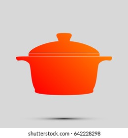 Casserole icon. Vector. Orange, red-yellow icon with shadow on gray background.