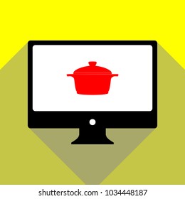 Casserole icon. Vector. Red icon on white monitor of black all-in-one desktop computer with two shadows at yellow background.