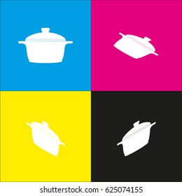 Casserole icon. Vector. White icon with isometric projections on cyan, magenta, yellow and black backgrounds.