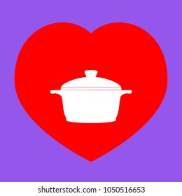 Casserole icon. Vector. White icon in red heart at lavender background.