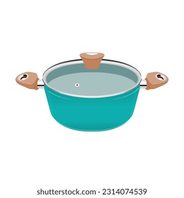 Casserole pan or Cooking pot. Realistic tosca green saucepan vector illustration with transparent glass lid and wooden handle. Stockpot with Aluminum Body Non Stick Ceramic Coating, Non Toxic.