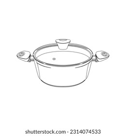 Casserole pan or Cooking pot or Saucepan in outline icon, vector illustration in trendy style. Stockpot with aluminum body non stick ceramic coating, transparent glass lid and wooden handle.