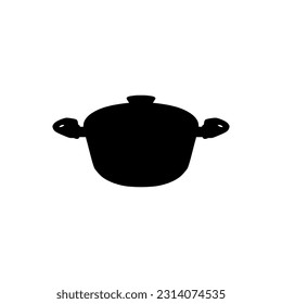 Casserole pan or Cooking pot or Saucepan silhouette, vector illustration in trendy style. Stockpot with aluminum body non stick ceramic coating, transparent glass lid and wooden handle.