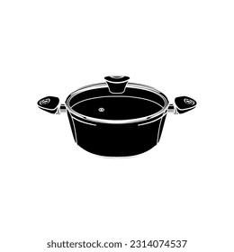 Casserole pan or Cooking pot or Saucepan in black fill icon, vector illustration in trendy style. Stockpot with aluminum body non stick ceramic coating, transparent glass lid and wooden handle.