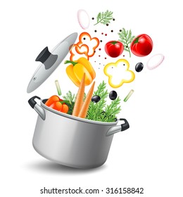 Casserole pot with vegetables such as carrots tomatoes and peppers realistic vector illustration 