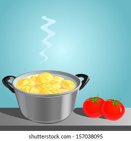 casserole with potatoes on the table, along with tomatoes, vector illustration