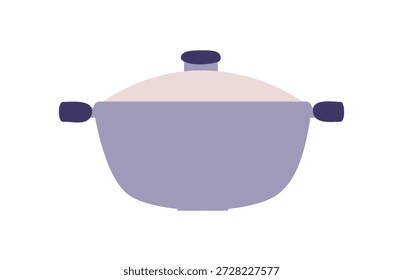Cazuela, cacerola con tapa. Grande olla de cocción profunda para hervir, hervir a fuego lento. Utensilios de cocina de metal con asas. Utensilios de cocina para sopa, utensilios de cocina. Ilustración vectorial plana aislada sobre fondo blanco