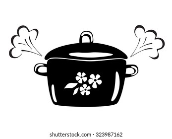 Casserole with steam. Vector black and white image. Cooking pan icon.
