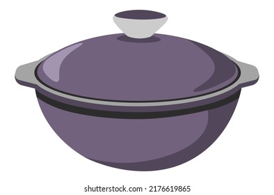 Casserole With Thick Sides And Lid, Isolated Saucepan With Handle. Cooking And Preparing Food With Quality Kitchenware And Dishware. Steel Or Metal Metallic Bowl For Soup. Vector In Flat Style