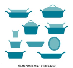 Casseroles and baking dishes header, collection of glassware kitchenware and cookware set of kitchen utensils for home cooking flat vector illustration