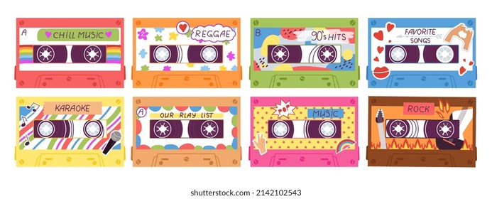 Cassette. 80s 90s Audio Tapes, Retro Music Technology. Cartoon Flat Cassettes With Stickers, Mix Songs, Pop Hits Romantic And Disco, Decent Vector Kit