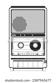 Cassette 80s audio equipment black and white 2D line cartoon object. Audiocassette inside retro device isolated vector outline item. Listening music vintage monochromatic flat spot illustration