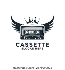 Cassette Angel Record logo vector illustration. Sound Audio Record logo with Cassette, Wing And Crown on vintage style vector. Retro music logo design concept