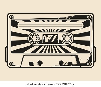 Cassette audio emblem vintage monochrome tape compact storage medium for retro recordings of your favorite music vector illustration